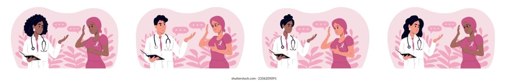 Breast Cancer Awareness Month. Doctors and patients of different races and ages. Male and female doctors talking to cancer patients.