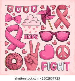 Breast Cancer awareness month elements design collection, pink ribbon, heart, peace sign, cure, hope