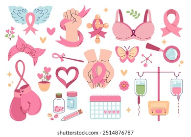 Breast cancer awareness month elements collection. Sticker set for oncology fighters