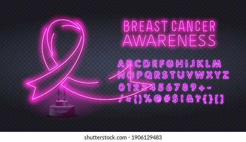 Breast Cancer Awareness Month Emblem. Glowing neon sign of breast canser awareness month. Neon poster design with pink ribbon and text on dark brick wall background. Vector illustration.