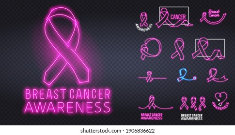 Breast Cancer Awareness Month Emblem. Glowing neon sign of breast canser awareness month. Neon poster design with pink ribbon and text on dark brick wall background. Vector illustration.