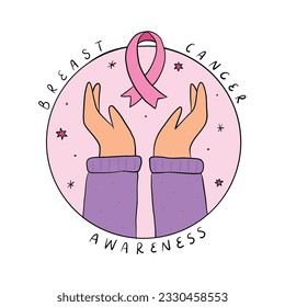 Breast cancer awareness month emblem, sticker, print, card, sign, icon design decorated with hands and pink ribbon. EPS 10