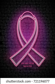 Breast Cancer Awareness Month Emblem, Pink Ribbon Symbol. Shiny Neon Lamp Glow Stylization on Black Brick Wall. Template for Banner, Poster, Invitation. Beautiful Concept Flyer. Vector 3d Illustration