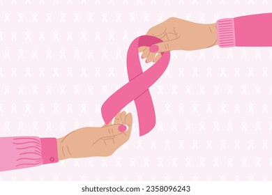 Breast Cancer Awareness Month. Female hands give and take pink ribbon. Nobody fights alone. Cancer prevention and women health care poster. Hand drawn vector illustration. Horizontal poster