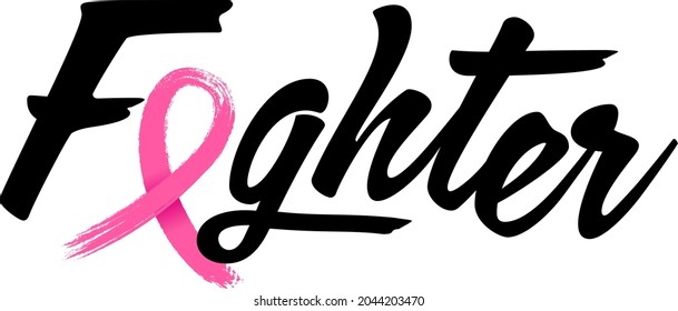 Breast cancer awareness month. Fighter text design with pink ribbon. Vector illustration.