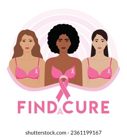 Breast Cancer Awareness Month. Find a cure phrase. 3 diverse women with pink ribbons on bra stand together against cancer. Cancer prevention, women health vector illustration. Horizontal poster svg