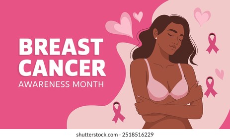Breast Cancer Awareness Month Flat Vector Poster with Woman and Pink Ribbon Elements
