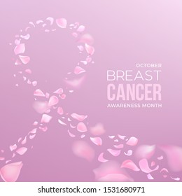 Breast Cancer awareness month floral banner illustration, pink ribbon shape made of rose flower petals for health campaign concept. Photorealistic pink flying rose petals on a pink background.