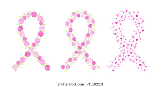 Breast Cancer Awareness Month flower ribbon elements set. Vector pink gradient shape on white background.