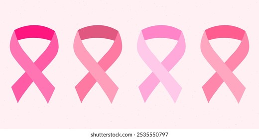 Mes de Concientización sobre el Cáncer de Mama. Cuatro cintas rosas de diferentes tonos, un símbolo de lucha y esperanza, la salud de las mujeres.