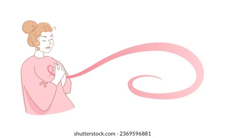 Breast Cancer Awareness Month. Girl with a pink ribbon. Vector illustration in sketch style. For web banner, flyer, website