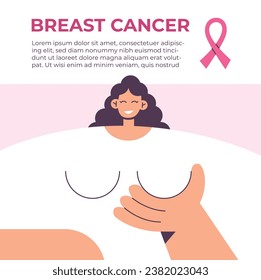 Breast Cancer Awareness month. Girl holding her breast. Flat banner vector illustration.