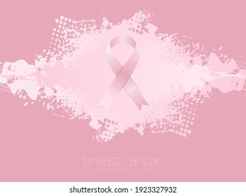 Breast cancer awareness month. Grunge blot background and pink ribbon tape. Women healthcare abstract vector design