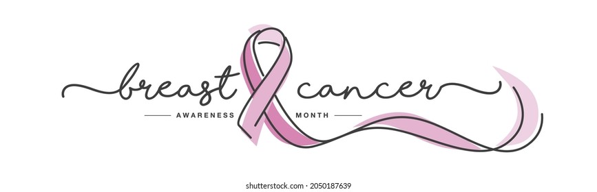 Breast Cancer Awareness Month Handwritten Typography Creative Pink Ribbon Symbol Line Design Vector Illustration Banner
