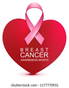 Breast cancer awareness month. Heart shape and pink ribbon. Isolated on white vector illustration