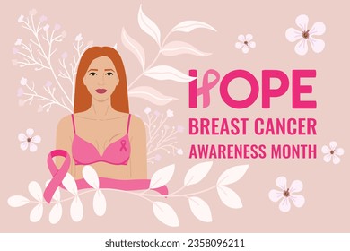 Breast Cancer Awareness Month. Hope phrase. Redhead woman with flowers, lumpectomy breast scar and pink ribbon on her bra. Cancer prevention and women health care support vector illustration svg