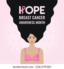 Breast Cancer Awareness Month. Hope phrase. Asian woman with pink ribbon on bra with lettering on hair. Cancer prevention, women health care vector illustration. Square poster svg