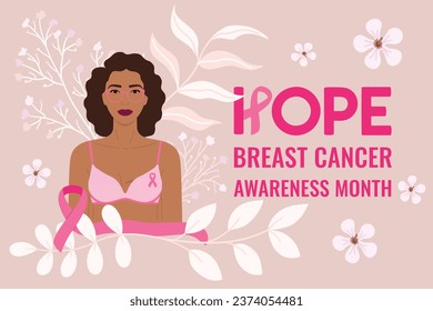 Breast Cancer Awareness Month. Hope phrase. Black woman with flowers, mastectomy breast scar and pink ribbon on her bra. Cancer prevention and women health care support vector illustration svg