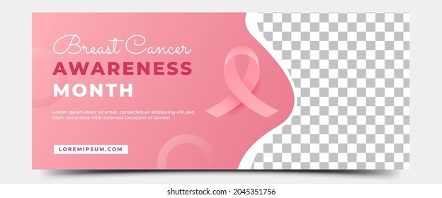 Breast cancer awareness month horizontal banner template design. Gradient pink background with place for the photo.