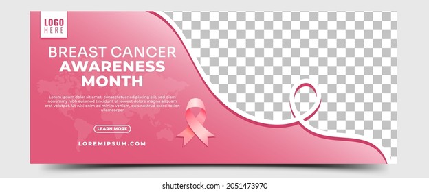 Breast cancer awareness month horizontal banner template design. Editable banner design with place for the photo.