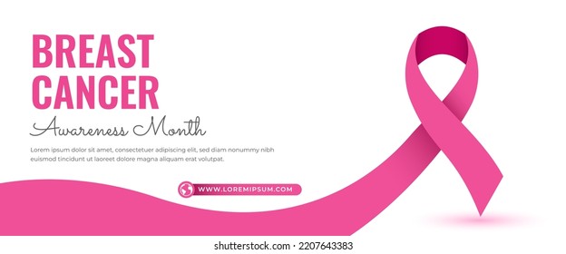 Breast cancer awareness month horizontal banner template design. Editable banner with pink ribbon illustration.