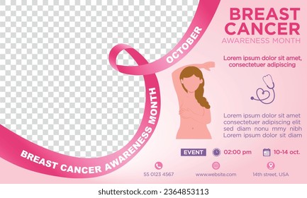 Breast cancer awareness month horizontal banner, with pink ribbon and illustration of woman self-examining her breasts