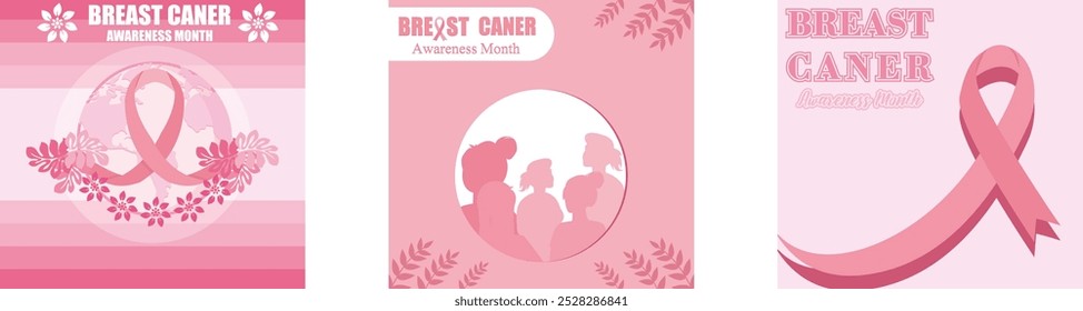 Breast cancer awareness month. Breast Cancer Month. Breast cancer awareness month horizontal banner. Set flat vector modern illustration 