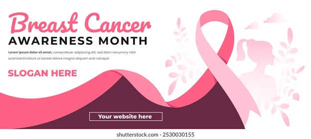 Breast cancer awareness month horizontal banner with ribbon, leaf, and woman illustration