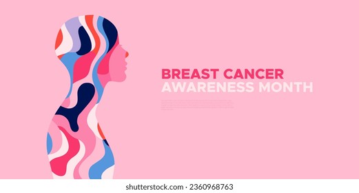 Breast cancer awareness month illustration of pink woman survivor with abstract texture decoration and copy space for web template banner. Female health care campaign design concept.