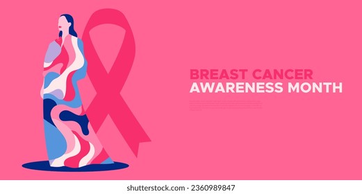 Breast cancer awareness month illustration of pink woman survivor with abstract texture decoration and copy space for web template banner. Female health care campaign design concept.