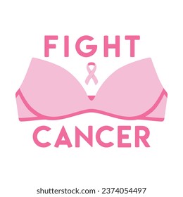 Breast Cancer Awareness Month illustration. Pink cancer ribbon on bra. Fight cancer phrase. Cancer prevention and women health care support poster. Hand drawn vector illustration.