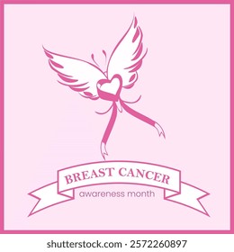 Breast Cancer Awareness Month Illustration, Pink Ribbon with Heart and Wings Design for Awareness Campaigns