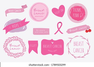 Breast cancer awareness month label ribbon and Badges pink color.