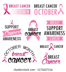 Breast cancer awareness month labels and tags set with pink ribbons. Vector illustration for breast cancer prevention