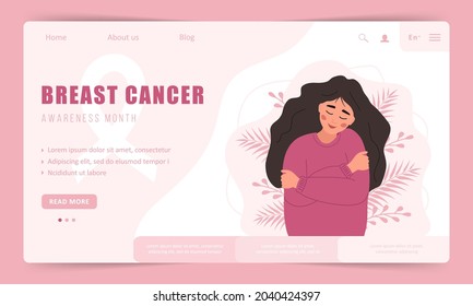 Breast cancer awareness month. Landing page template. Happy woman hugging herself. Annual international health campaign. Vector illustration in flat cartoon style.