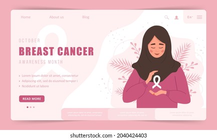 Breast cancer awareness month. Landing page template. Happy arab woman with ribbon. Annual international health campaign. Vector illustration in flat cartoon style.