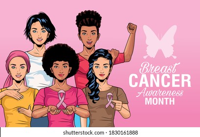 breast cancer awareness month lettering with group of girls and butterfly vector illustration design