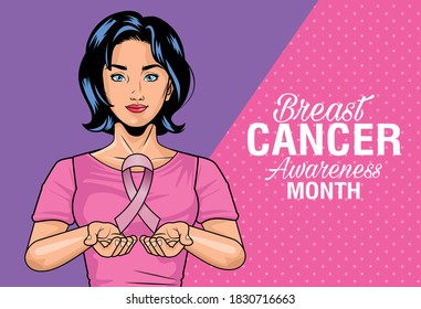 breast cancer awareness month lettering with woman lifting pink ribbon vector illustration design