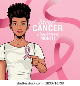 breast cancer awareness month lettering with woman lifting pink ribbon vector illustration design