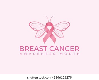 Breast cancer awareness month lettering design with a ribbon resembling a butterfly.