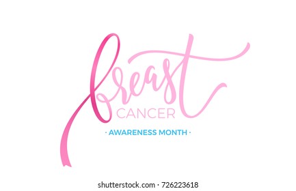 Breast cancer awareness month lettering emblem with pink ribbon on white background.