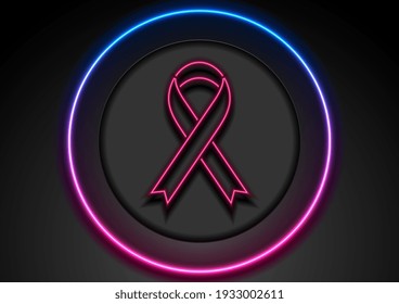 Breast cancer awareness month. Neon glowing laser pink ribbon tape and circle. Women healthcare abstract vector background