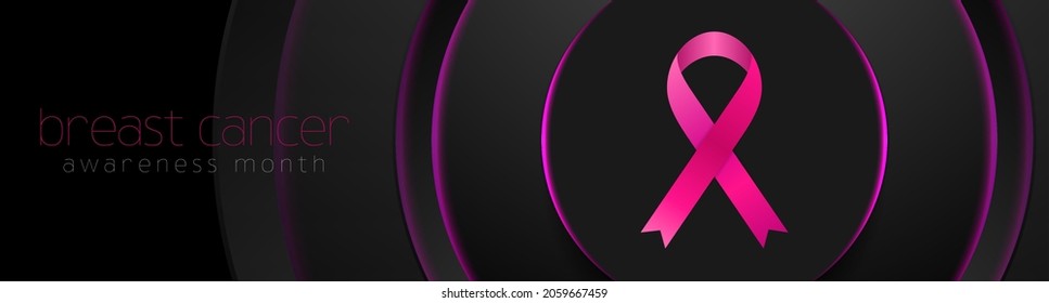 Breast cancer awareness month. Neon circles background and pink ribbon tape. Women healthcare abstract vector banner design