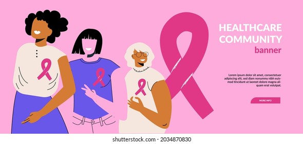 Breast Cancer Awareness Month October web banner with diverse ethnic and different ages women group with pink support ribbon. World cancer day concept. Vector illustration for landing website template