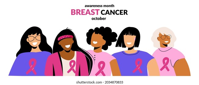 Pancarta web del mes de octubre con diversas etnias y diferentes edades, grupo de mujeres con cinta de apoyo rosa. Concepto del Día Mundial del Cáncer. Ilustración del vector para la plantilla del sitio web de aterrizaje