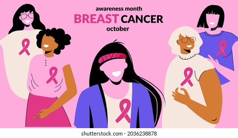 Breast Cancer Awareness Month October web banner with diverse ethnic and different ages women group with pink support ribbon. World cancer day concept. Vector illustration for landing website template