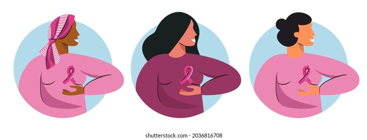 Breast Cancer Awareness Month October with diverse ethnic women group with pink support ribbon. Support ilness people. World cancer day or Pinktober concept. Vector illustration with female character