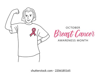 Breast Cancer Awareness Month October banner with copy space. Happy confident woman showing muscle, pink ribbon badge. Vector hand drawn style black and white simple contour line drawing of female