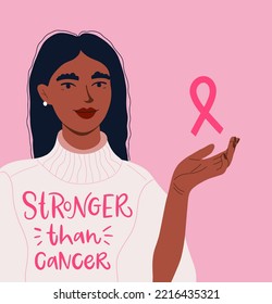 Breast Cancer Awareness month in October. Woman is holding a pink ribbon in her hands. Slogan of Stronger than cancer. Editable banner. Pinktober flat vector cartoon illustration.
