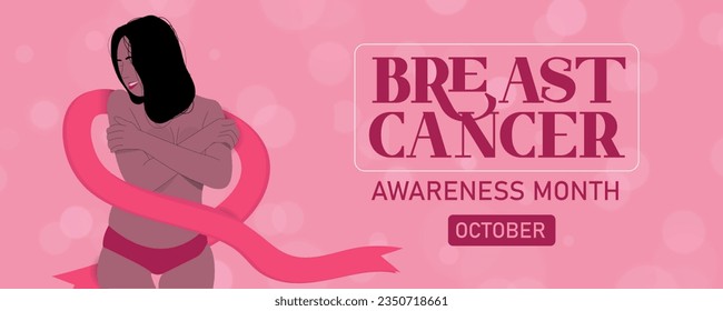 Breast Cancer Awareness Month October. Pink Ribbon folds on women.  Cancer Awareness poster design vector illustration.